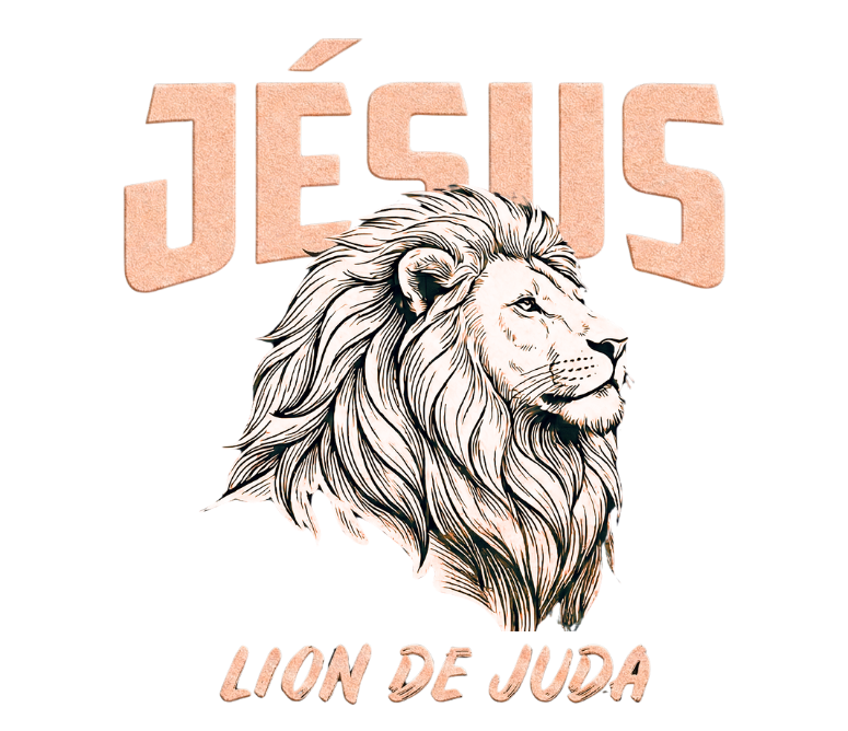 Illustration puissante pour marquage Jôra représentant une tête de lion avec l'inscription Jésus - Lion de Juda en lettres stylisées.